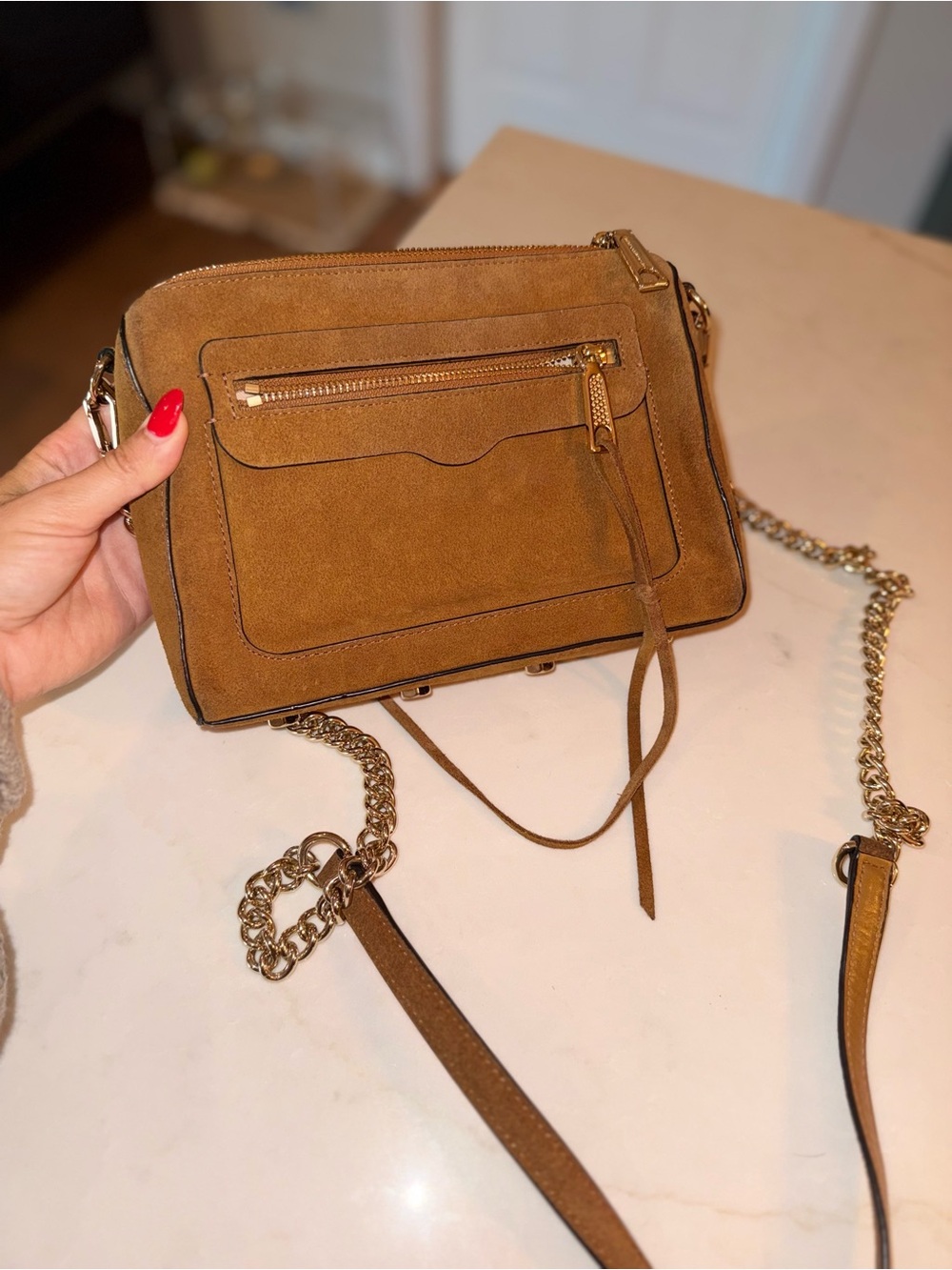 Rebecca Minkoff Tan Suede Mini Crossbody with Gold Chain